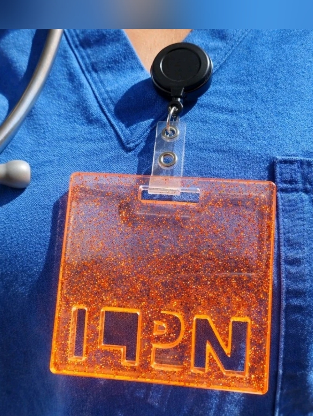 Neon Orange LPN Badge Buddy Glitter Resin Nurse ID Holder Fluorescent